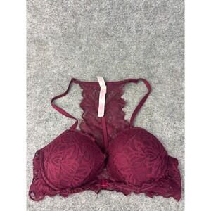 Victoria's Secret PINK Date Racerback Bra Womens 32C Burgundy Lace Push Up